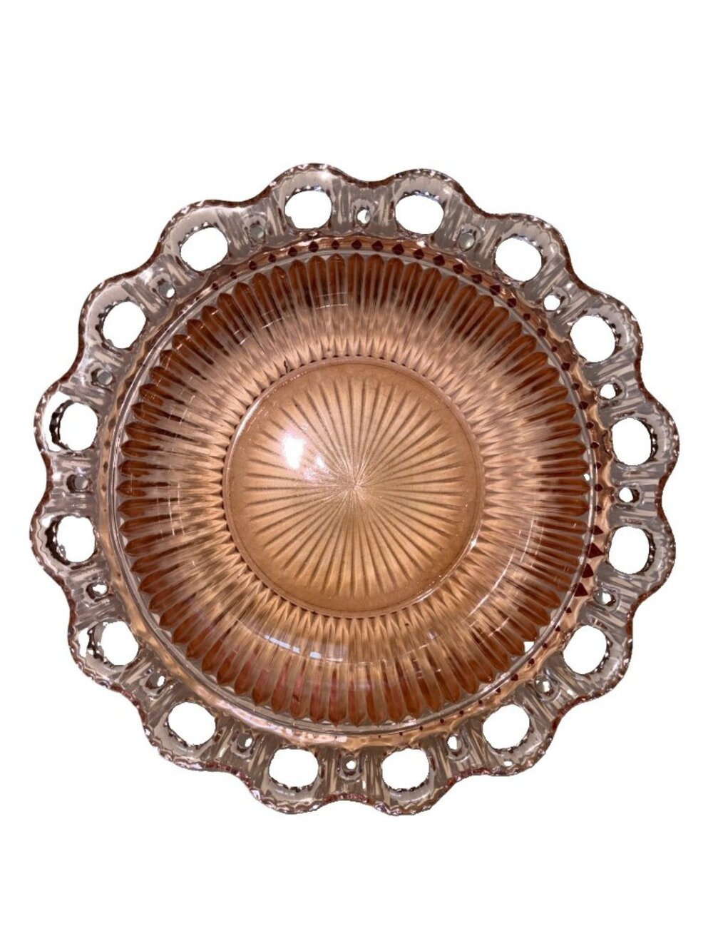VTG. Imperial Rose Colored Glass Laced Edge Bowl 9.5" Round-No Chips!